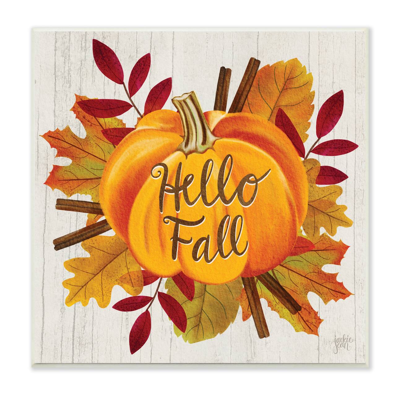 Stupell Industries Hello Fall Sentiment Orange Pumpkin Autumn Tree Leaves,12" x 12"